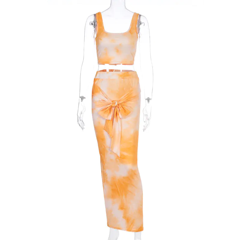 Tie-Dye Crop Top and Bodycon Skirt Two-Piece Set