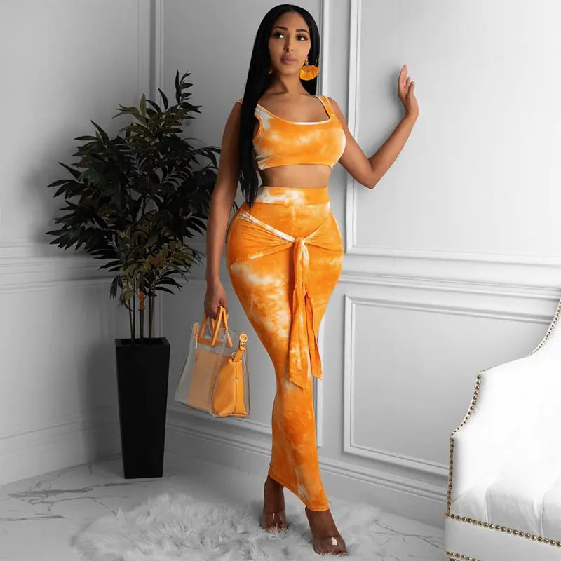 Tie-Dye Crop Top and Bodycon Skirt Two-Piece Set