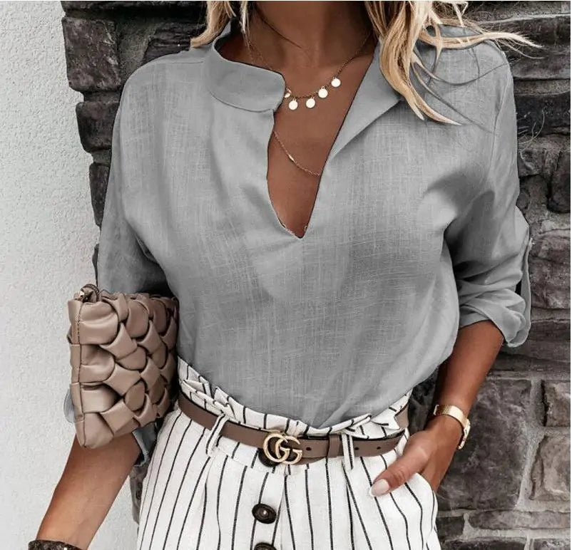 Elegant V-Neck Blouse with Adjustable Sleeves