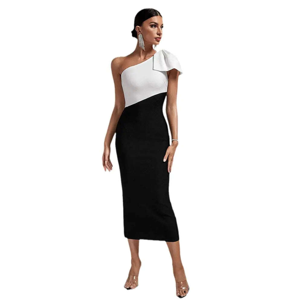 Elegant Black and White Shoulder Dress for Parties