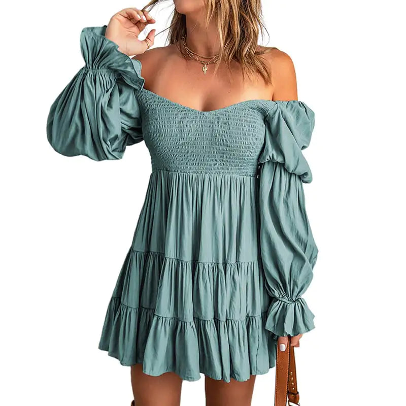 Pure Color Ruffled Square Collar Long Sleeve Dress