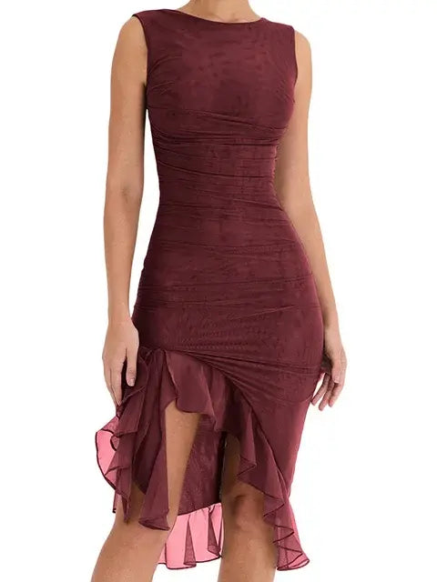 Sleeveless Tulle Ruffle Hem Midi Dress