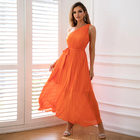 Elegant Pleated Shoulder Tie Long Dress for Women