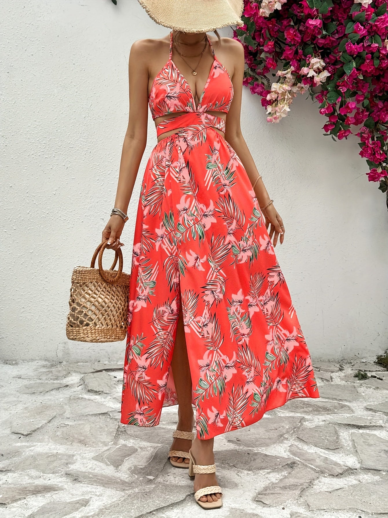 Elegant Red Floral V-Neck Maxi Dress