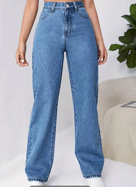 High Waist Blue Loose Fit Straight Denim Pants for Women