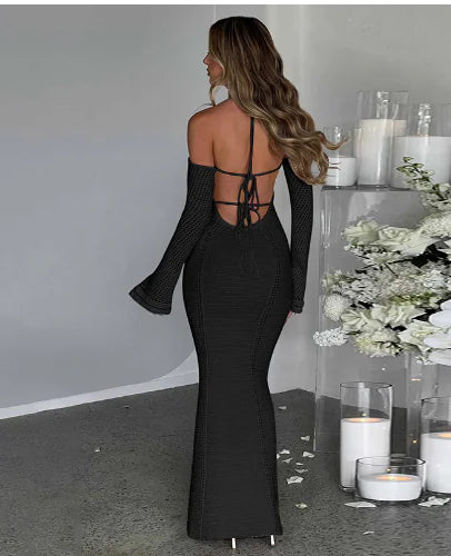 Back Lace-Up Slim Fit Hollow Long Sleeve Dress