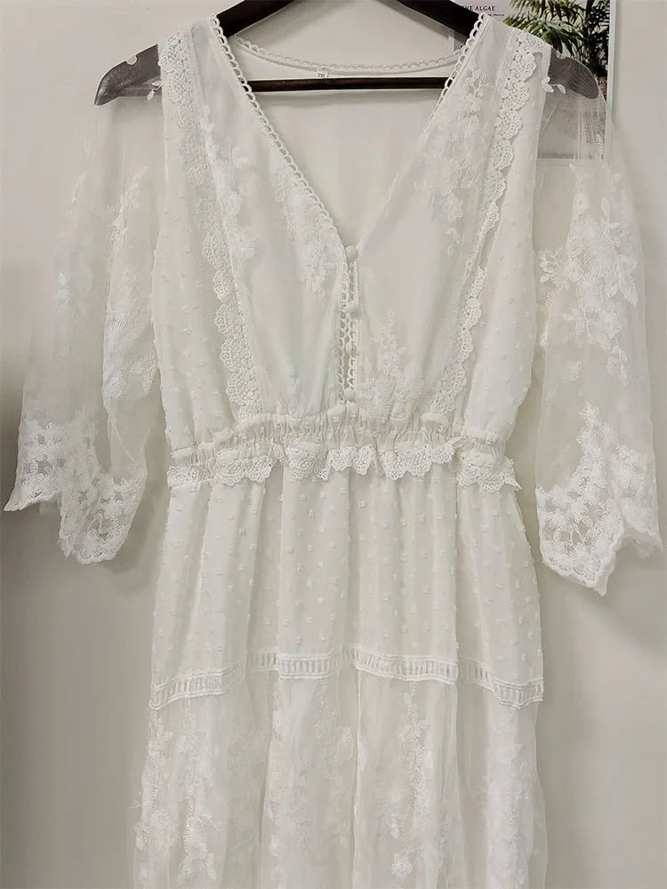 Hollow Out White Dress Sexy Lace Long Dress