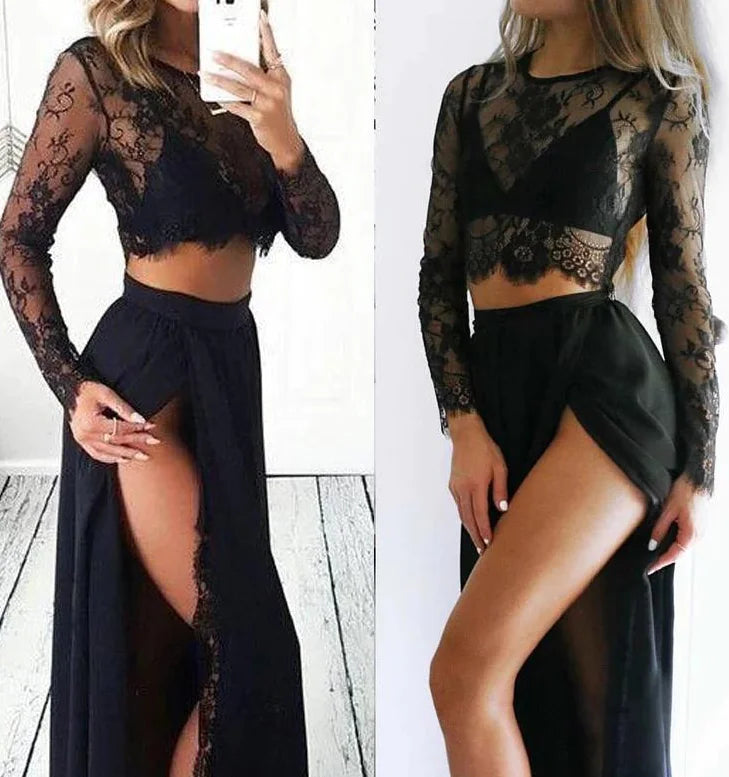 Lace Top and High-Slit Long Skirt Two-Piece Set