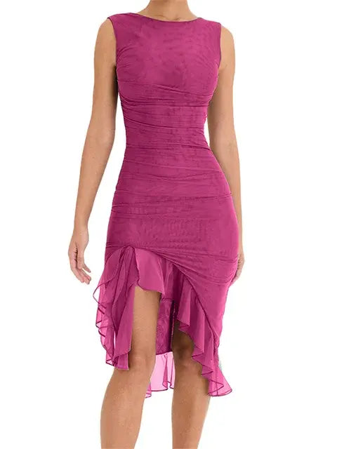 Sleeveless Tulle Ruffle Hem Midi Dress
