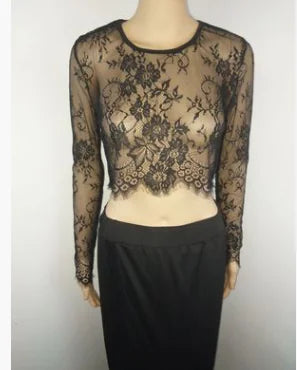 Lace Top and High-Slit Long Skirt Two-Piece Set