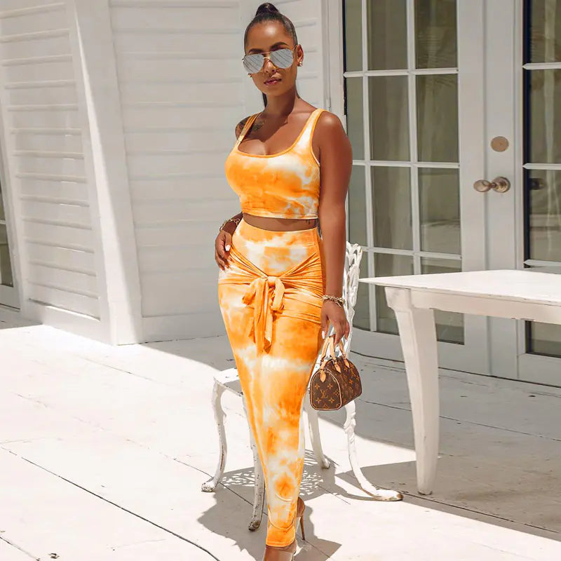 Tie-Dye Crop Top and Bodycon Skirt Two-Piece Set