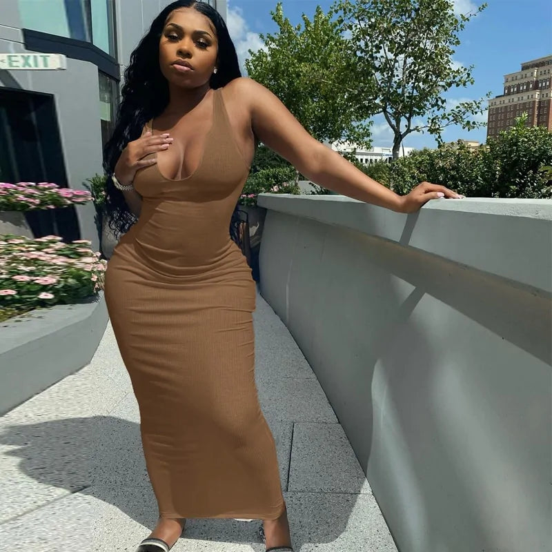V-Neck Bodycon Striped Knitted Sleeveless Midi Dress