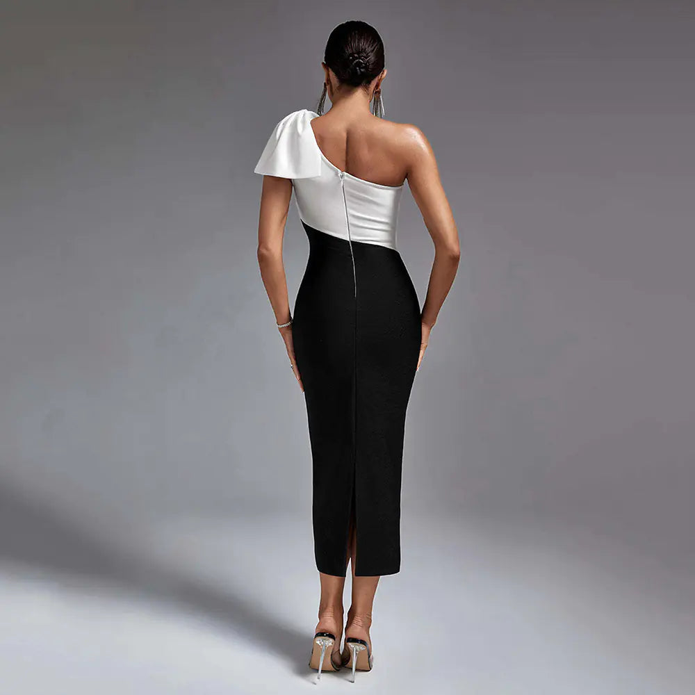 Elegant Black and White Shoulder Dress for Parties