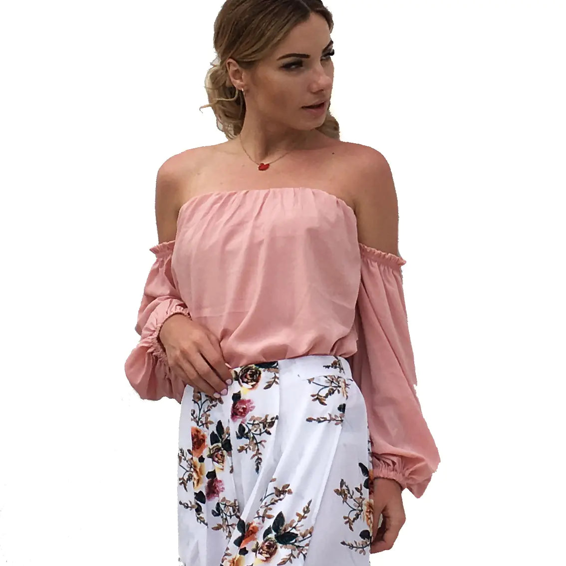 LIVA Off-Shoulder Chiffon Blouse with Lantern Sleeves