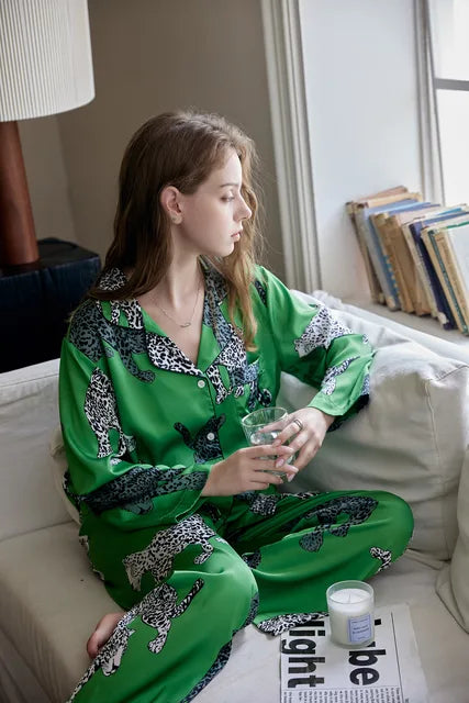 Green Leopard Printed Silk Sleepwear
