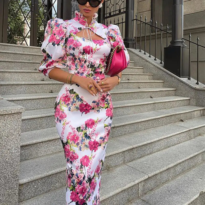Slim-fit Stand Collar Midi Printed Dress for Women