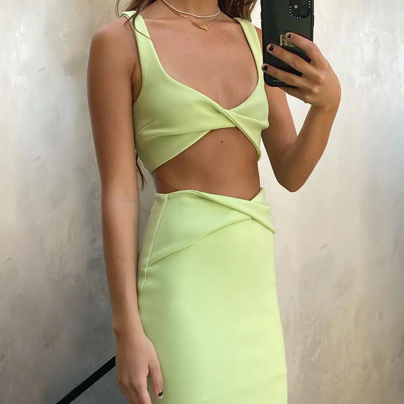 Summer Women's Crop Top and High-Slit Skirt Set