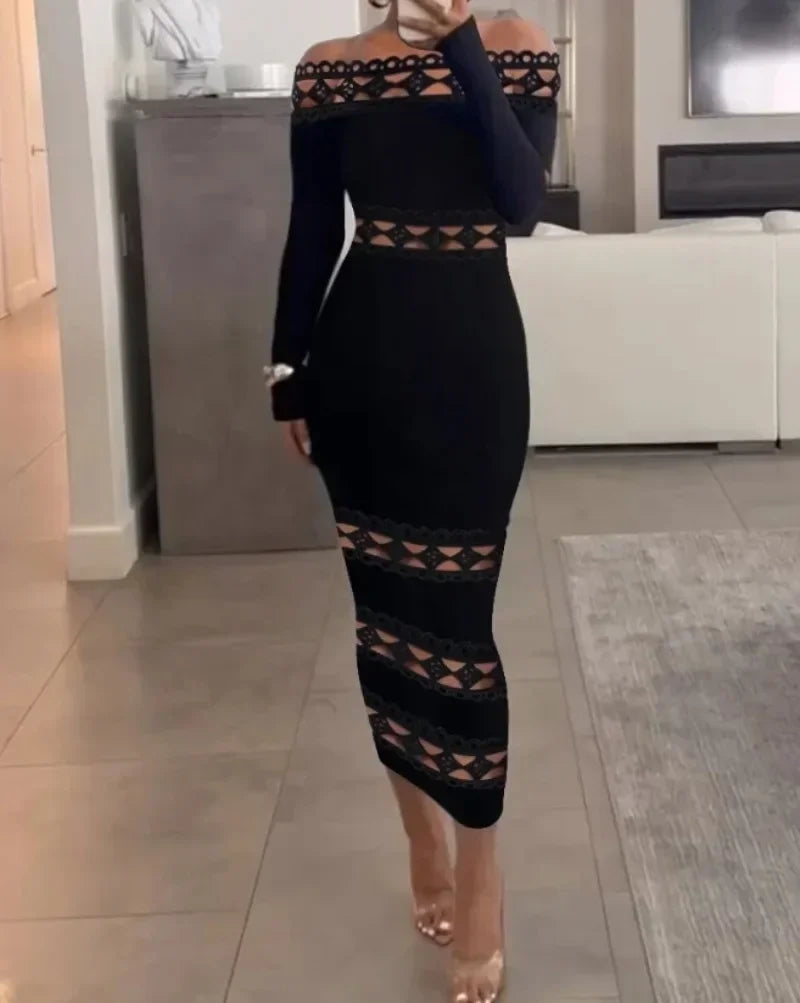 Black Lace Off-Shoulder Midi Dress