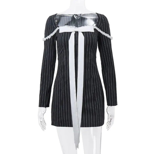 Elegant Striped Long Sleeve Dress with Square Collar