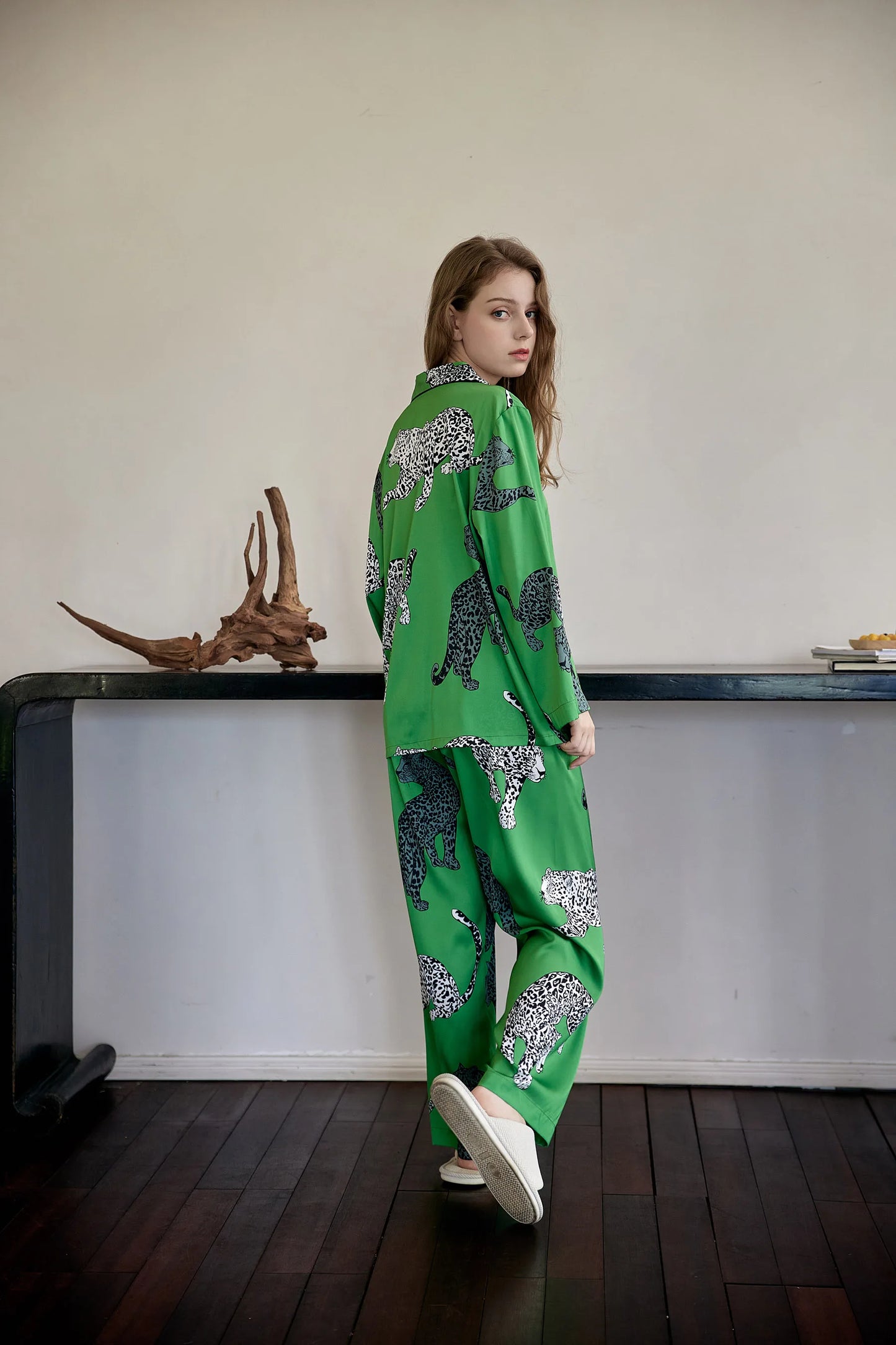 Green Leopard Printed Silk Sleepwear