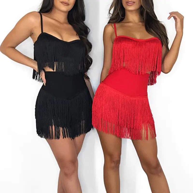 Strapless Two-Piece Set with Tassel Skirt for Nightclub