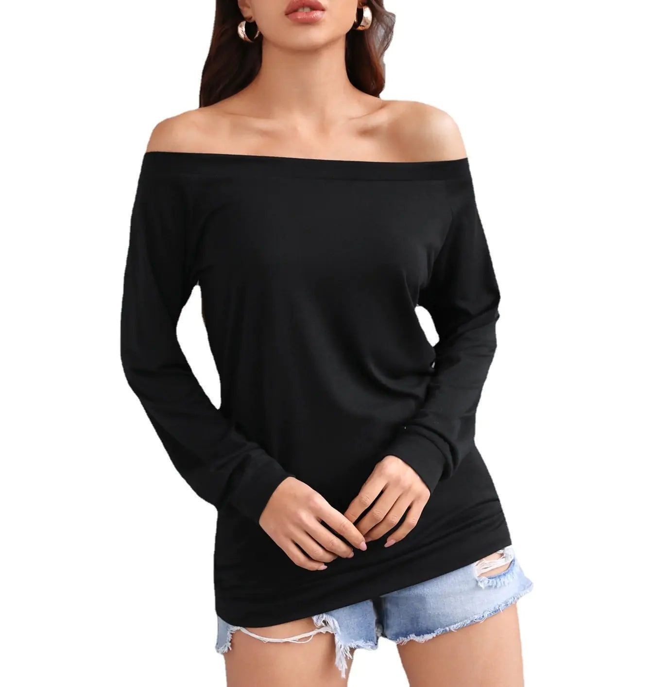 Women's Long-sleeved Off-shoulder Solid Blouse