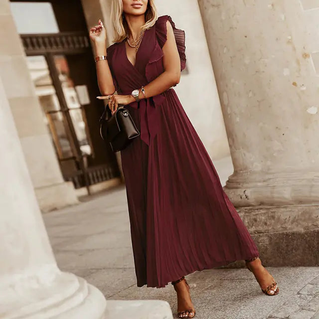 Elegant Slim Draped Pleated Summer Chiffon Dress