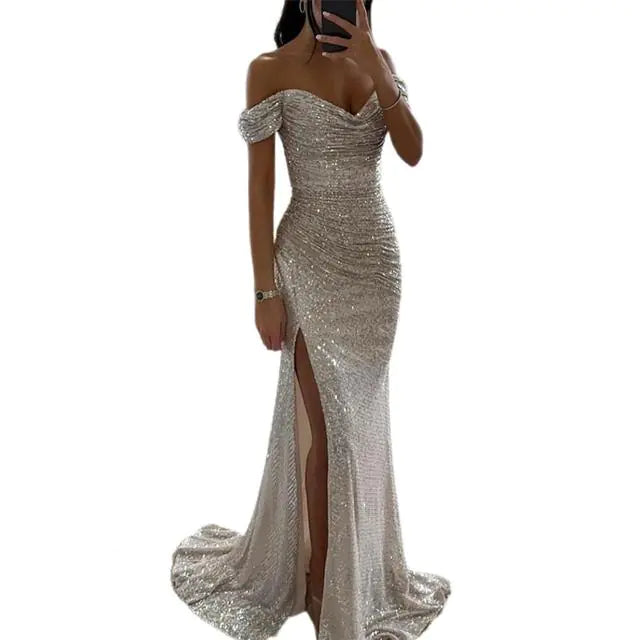 Elegant Off-Shoulder Sequined Maxi Dress for Women