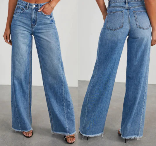 High Waist Blue Loose Fit Straight Denim Pants for Women