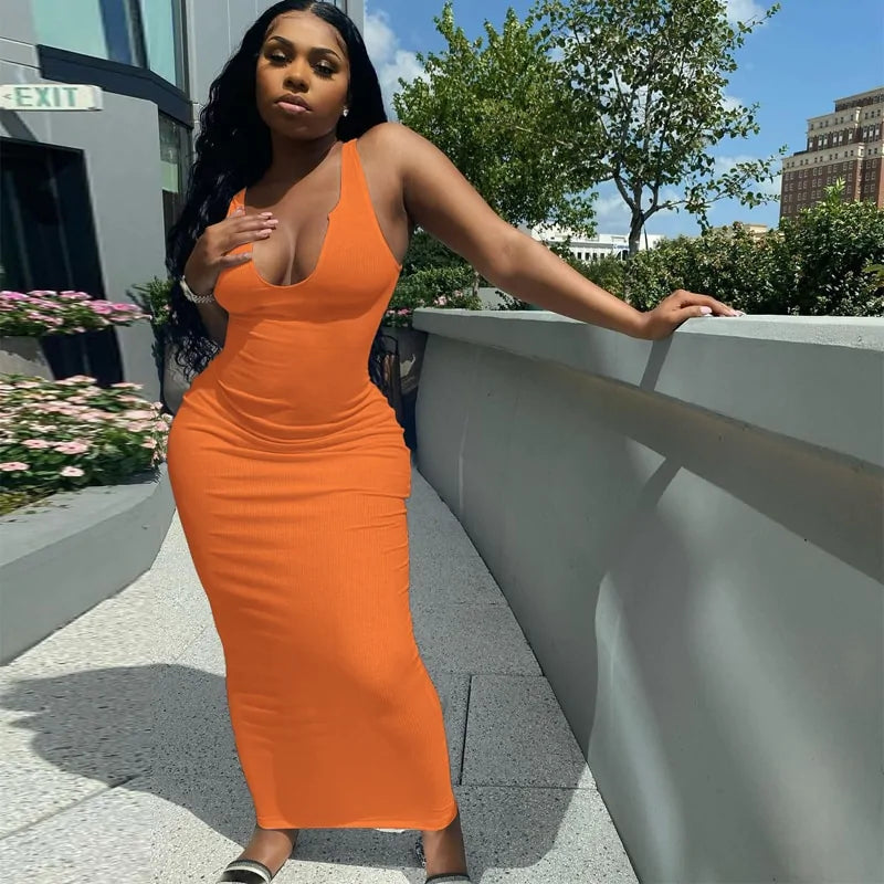 V-Neck Bodycon Striped Knitted Sleeveless Midi Dress