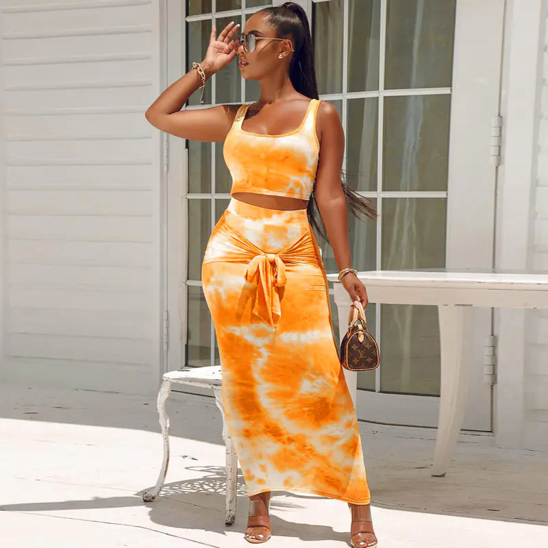 Tie-Dye Crop Top and Bodycon Skirt Two-Piece Set