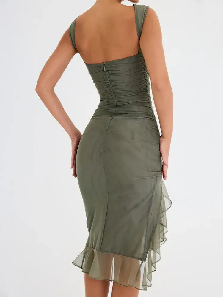 Sleeveless Tulle Ruffle Hem Midi Dress