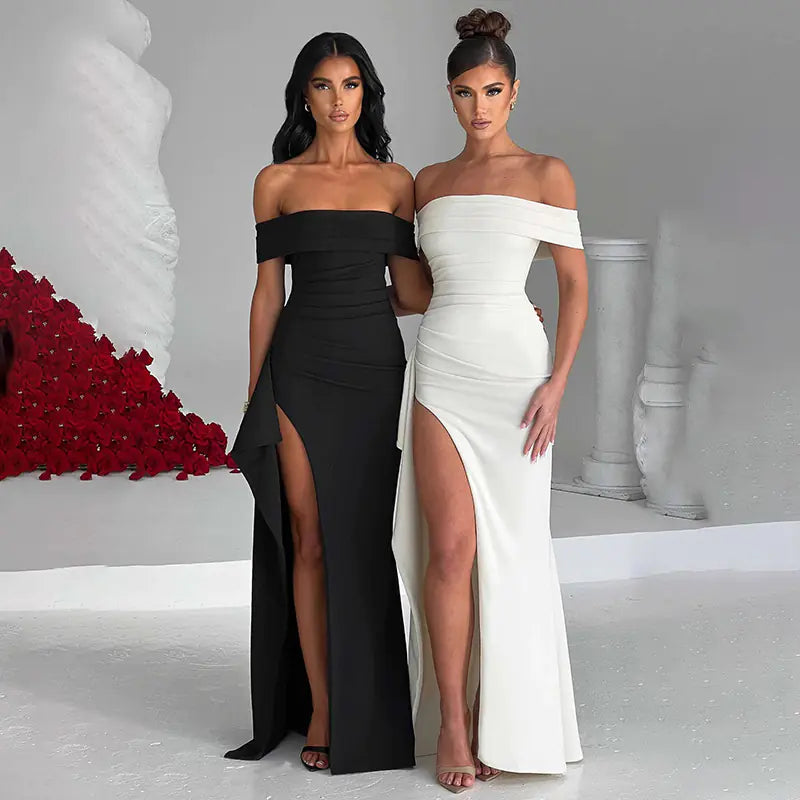 JY23452 Elegant Off-Shoulder Split Long Dress for Fall