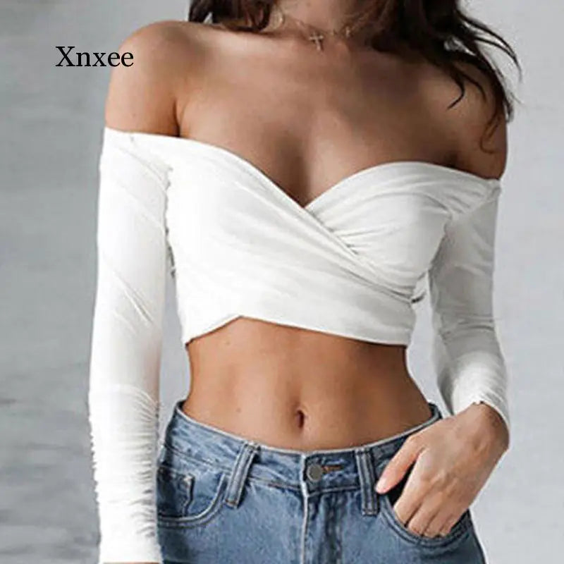 Summer Women's Off Shoulder V Neck Crop Top (S-XL)