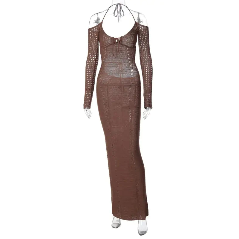 Back Lace-Up Slim Fit Hollow Long Sleeve Dress