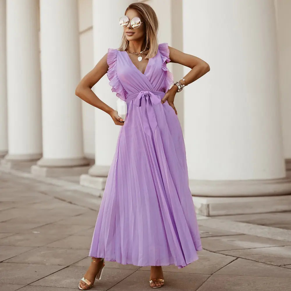 Elegant Slim Draped Pleated Summer Chiffon Dress