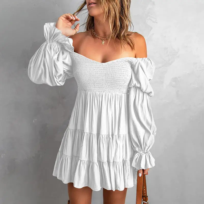 Pure Color Ruffled Square Collar Long Sleeve Dress