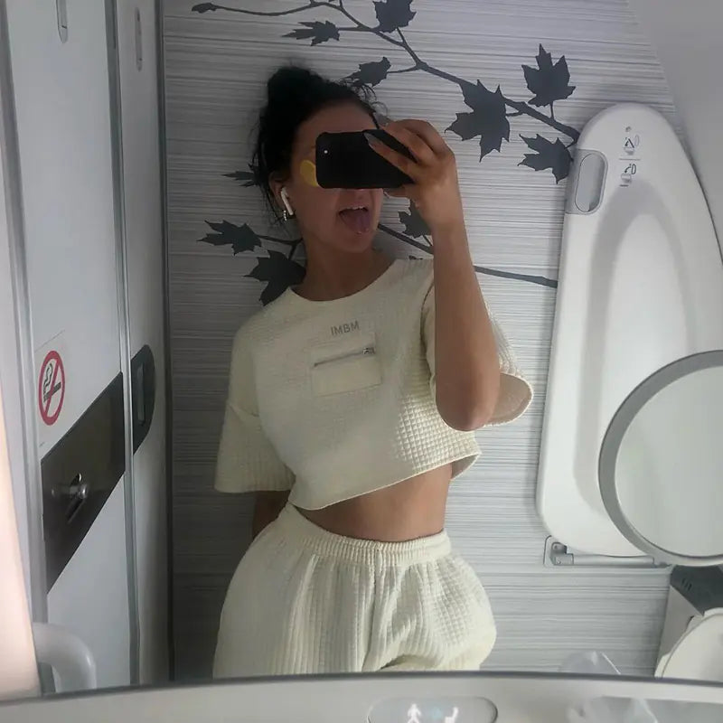 Solid Color Crew Neck Short Top & Beige Sports Set