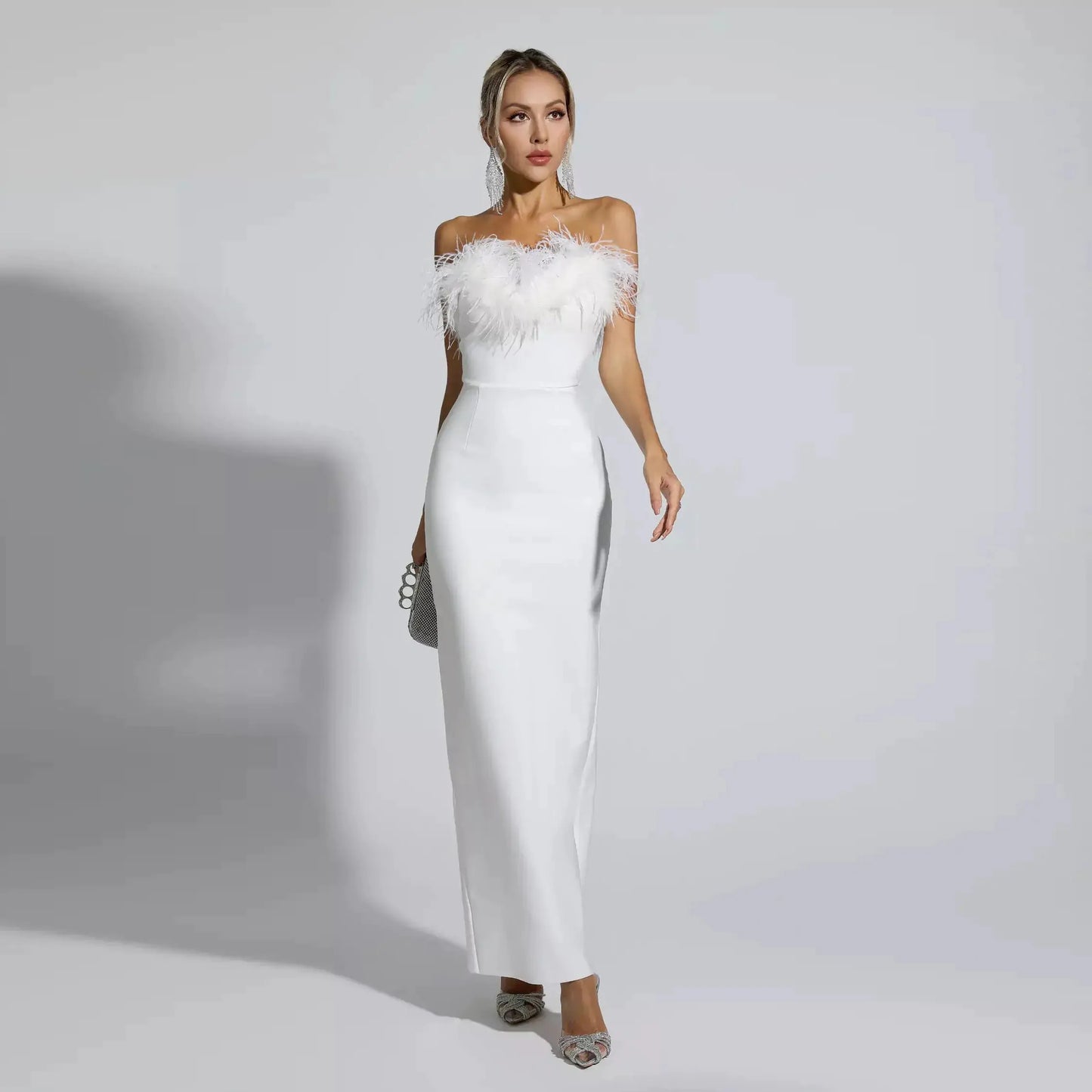 Feather-Trim Sequin Gown