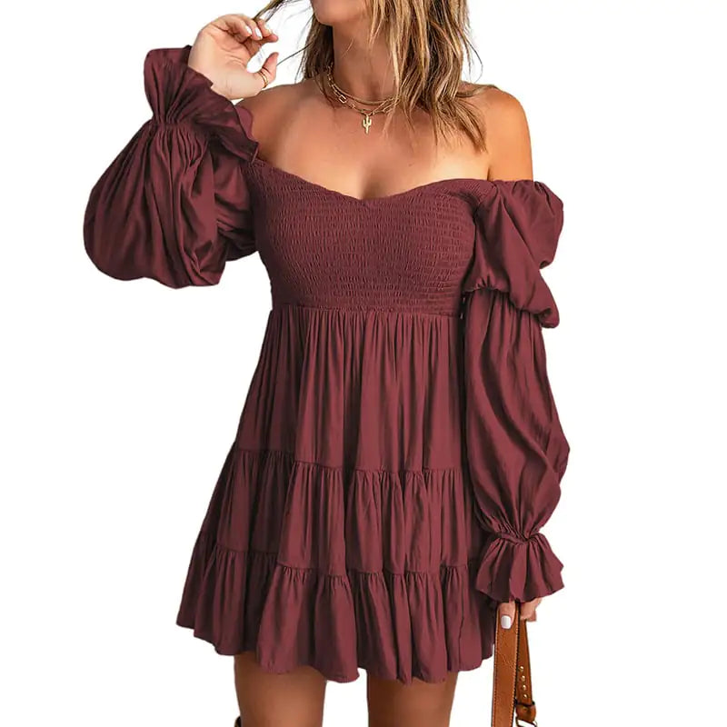 Pure Color Ruffled Square Collar Long Sleeve Dress