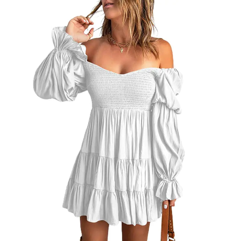Pure Color Ruffled Square Collar Long Sleeve Dress