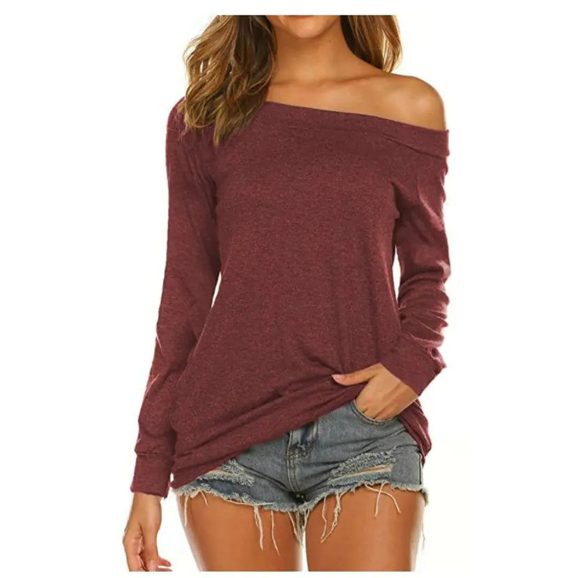 Women's Long-sleeved Off-shoulder Solid Blouse