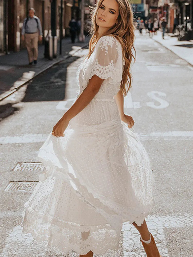 Hollow Out White Dress Sexy Lace Long Dress