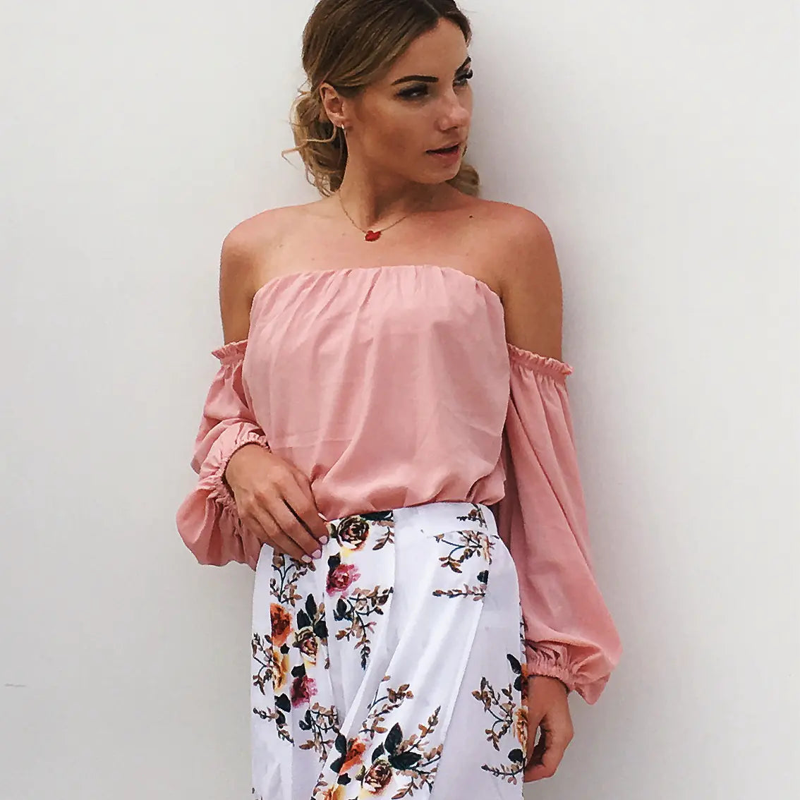 LIVA Off-Shoulder Chiffon Blouse with Lantern Sleeves