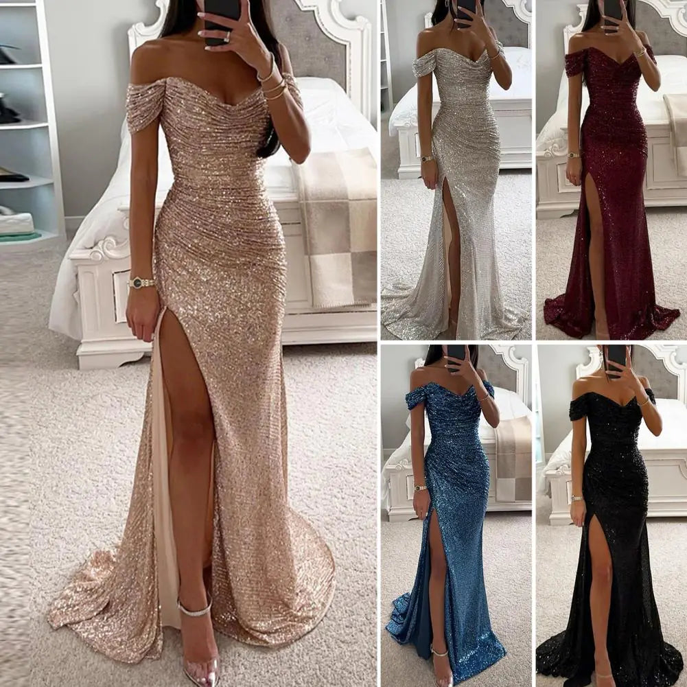 Elegant Off-Shoulder Sequined Maxi Dress for Women