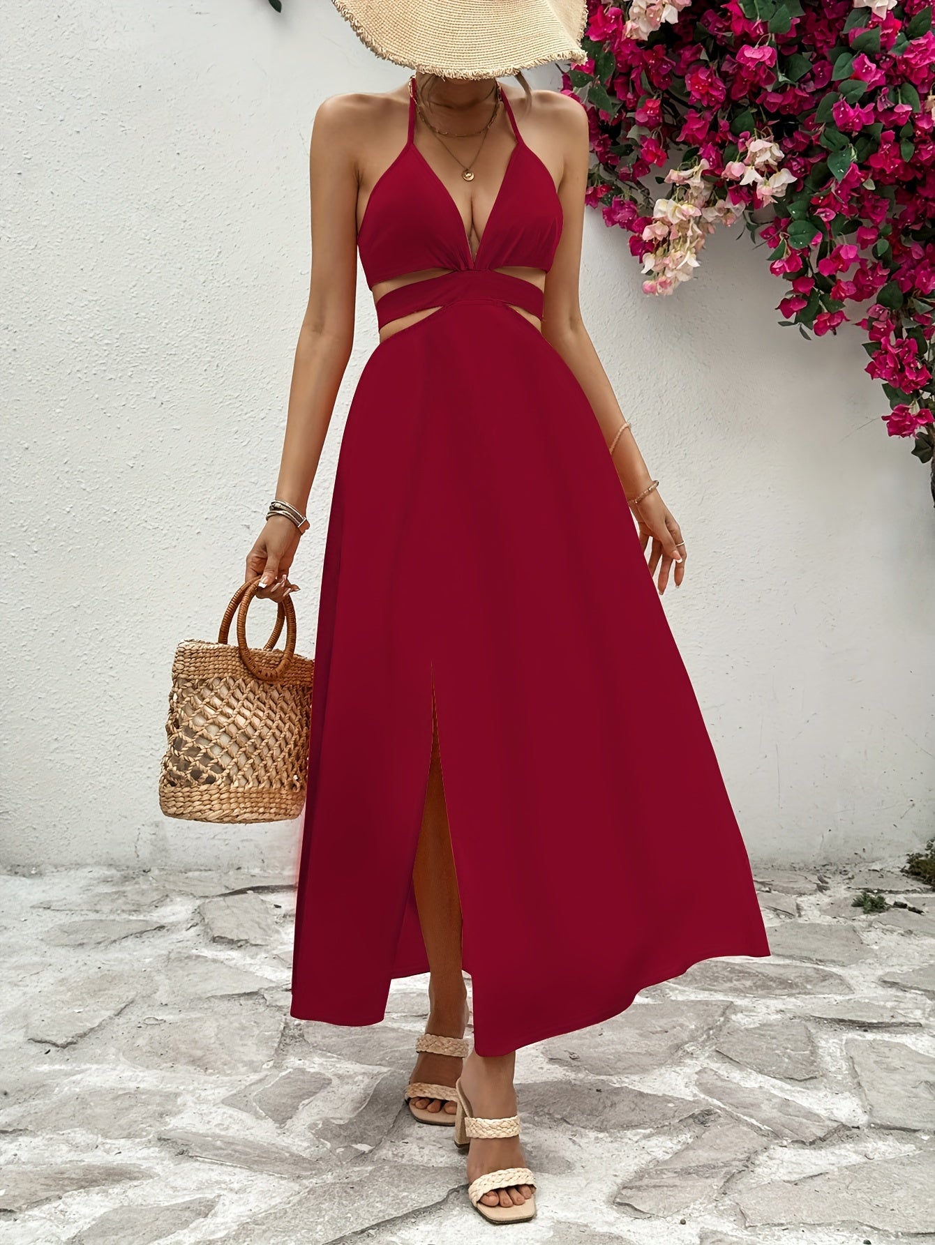 Elegant Red Floral V-Neck Maxi Dress