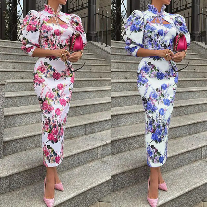 Slim-fit Stand Collar Midi Printed Dress for Women