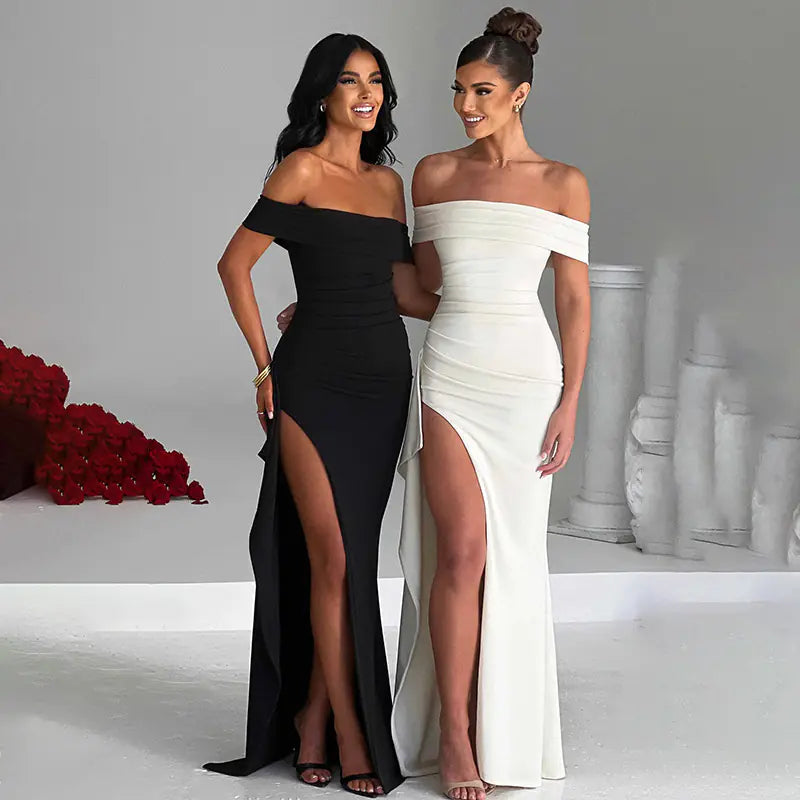 JY23452 Elegant Off-Shoulder Split Long Dress for Fall