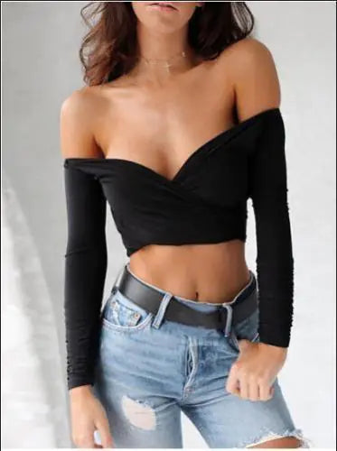 Summer Women's Off Shoulder V Neck Crop Top (S-XL)