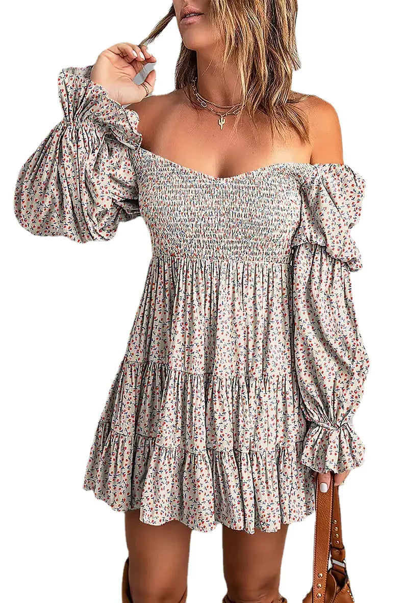 Pure Color Ruffled Square Collar Long Sleeve Dress